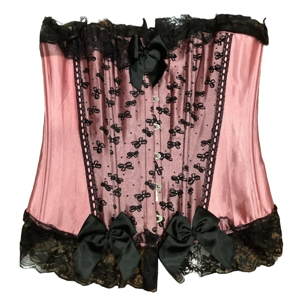 Vintage Corset Size Large Satin Pink & Black Lace & Bows Details. - Picture 1 of 11